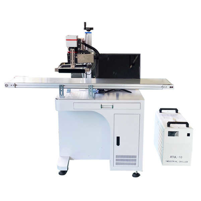 Marcatore laser a fibra automatico con posizionamento CCD Vision da 50W su linea di produzione per l'assemblaggio di vetro e plastica